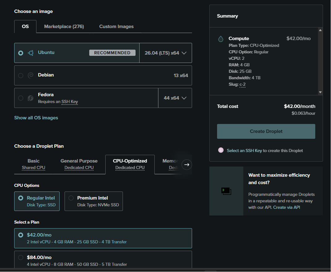 I choose ubuntu 26.04 LTS provided by digitalOcean